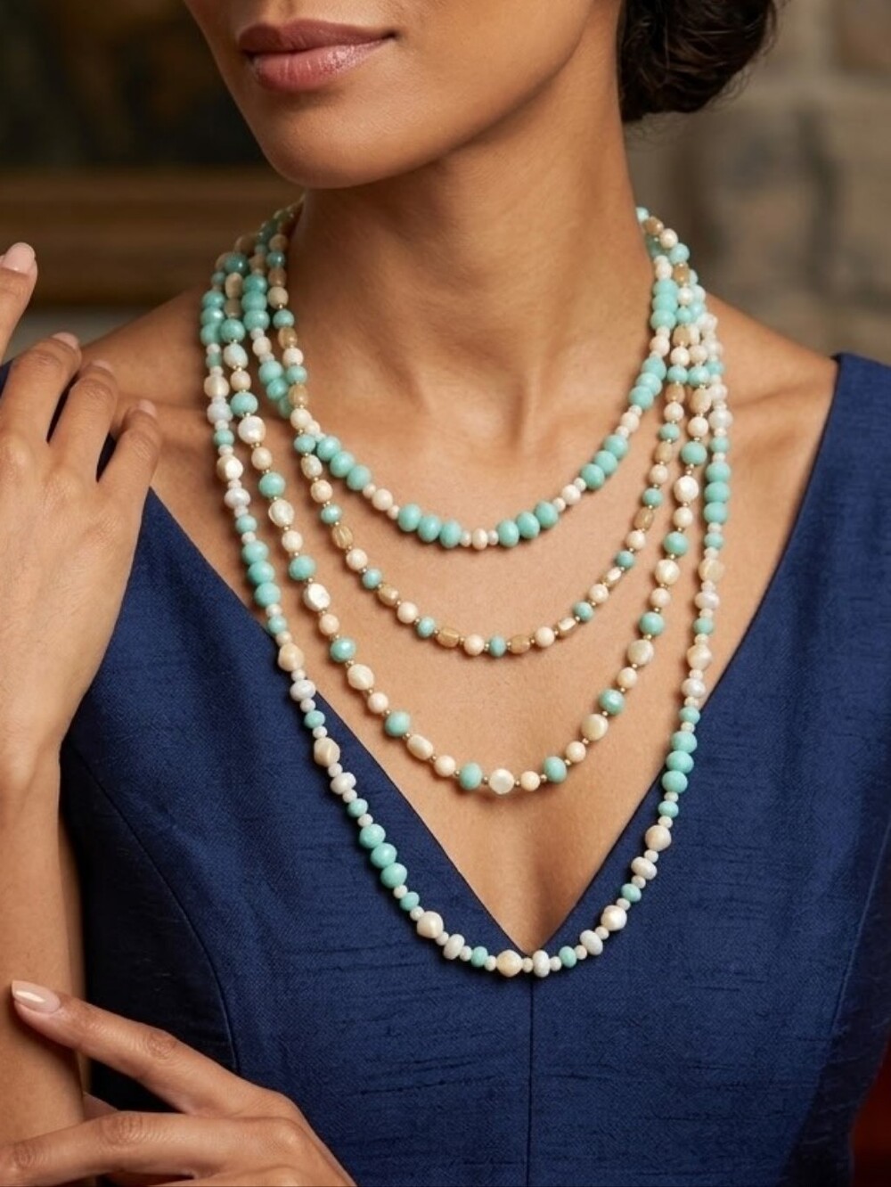 Emma Multi-Strand Aqua and Cream Beaded Necklace NWT